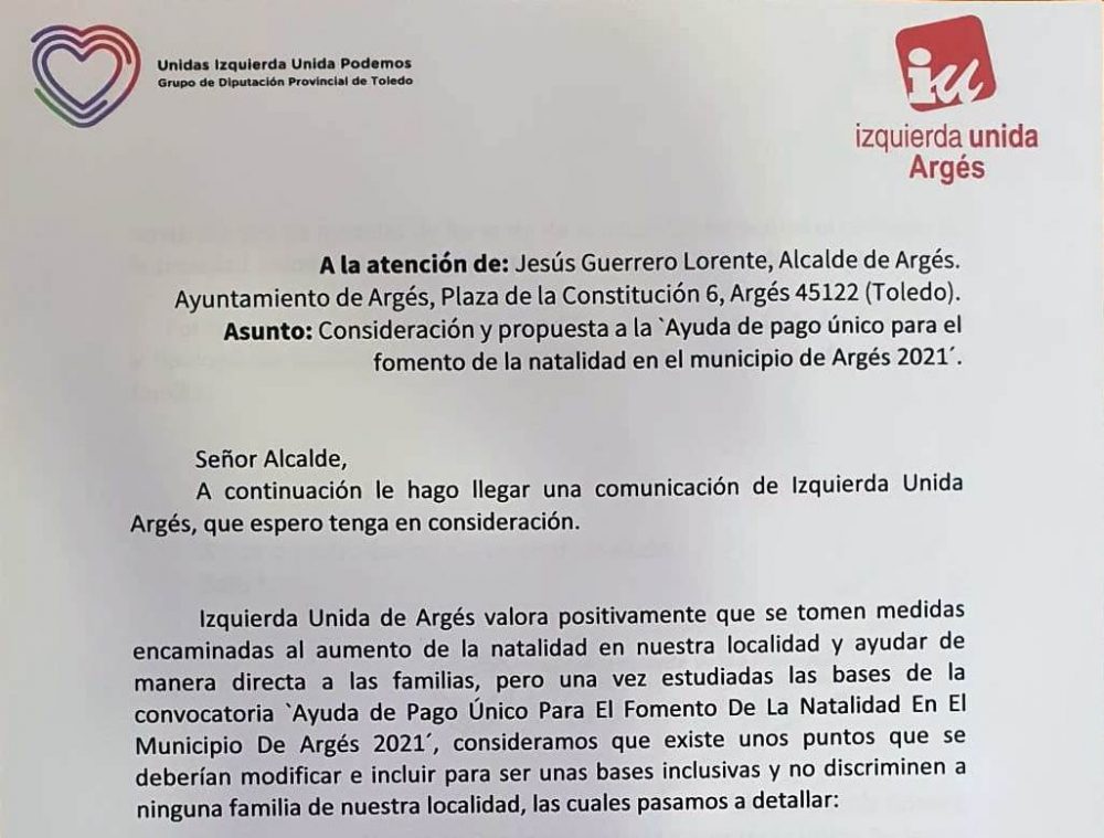 IU Argés denuncia que las ayudas para la natalidad discriminan a las familias de la localidad